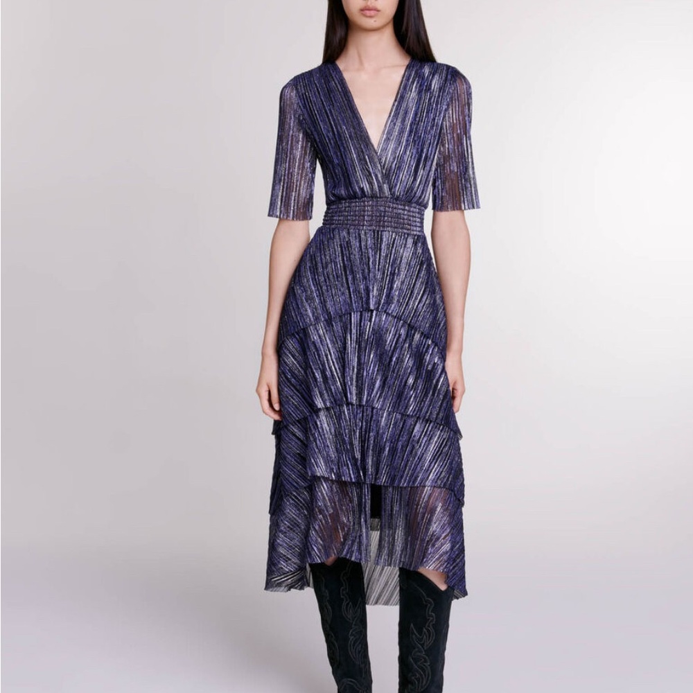 Maje Paris Metallic Lurex Pleated V-Neck Midi Dress Blue/Silver FR 40 (US 8)